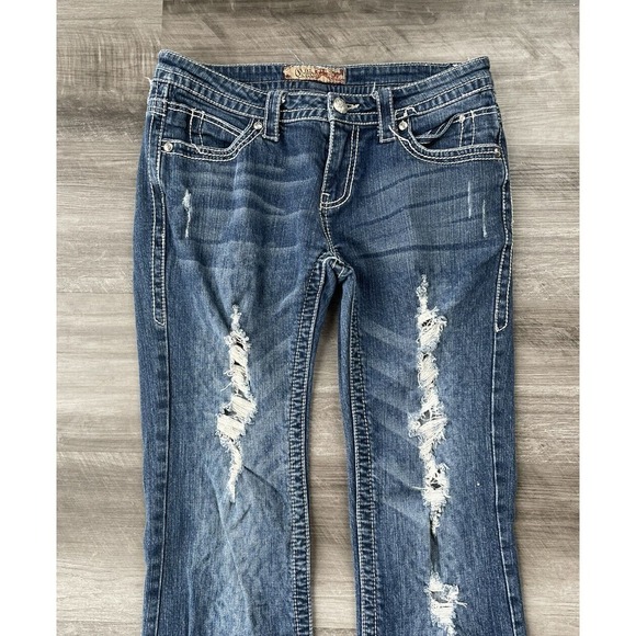 Cello Distressed Boot Cut Jeans Size 9 Embroidered Lace Back Pockets K4 - Picture 4 of 7